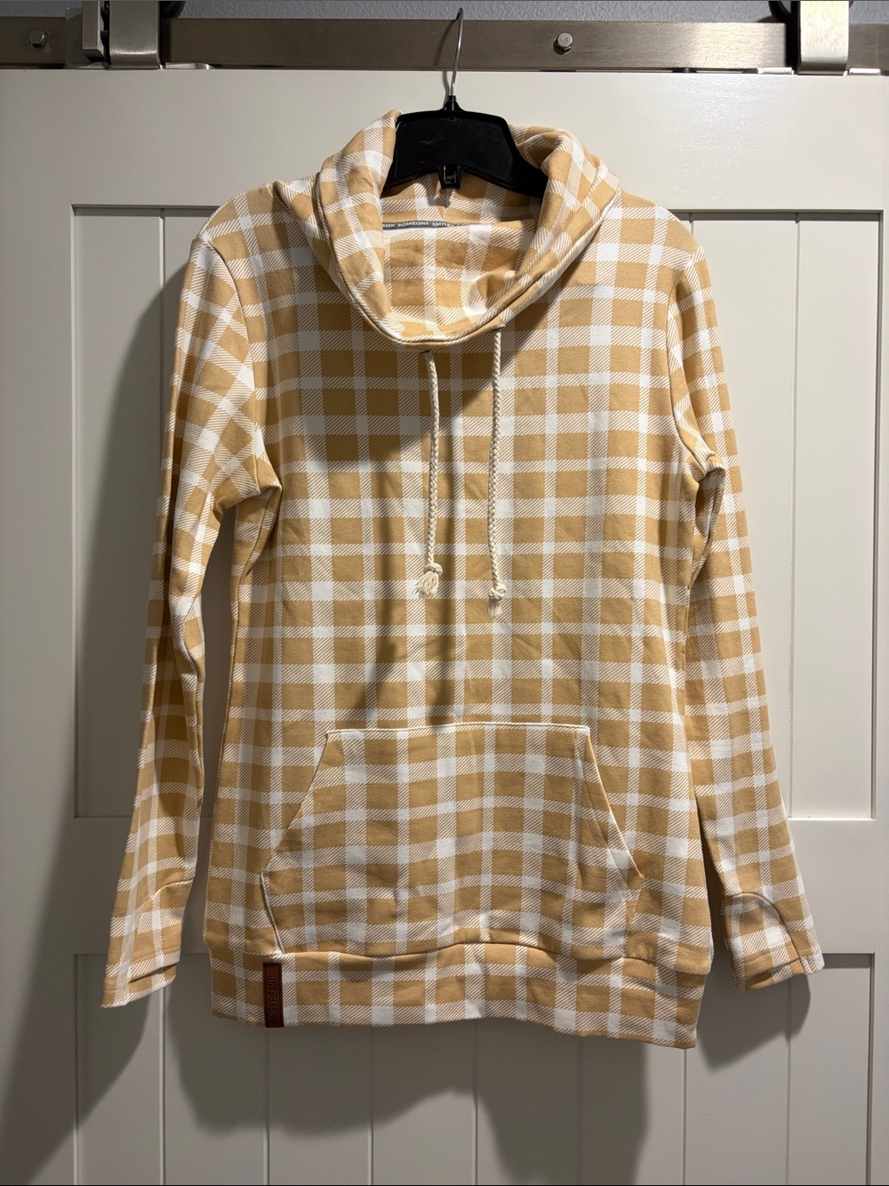 AMPERSAND AVE Cream and Tan Plaid Cowl Neck Pullover